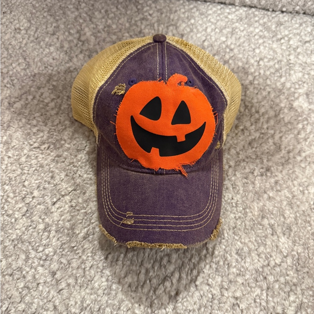 Halloween Hat Purple Trucker w Orange Pumpkin Patch Distressed SnapBack Cap
